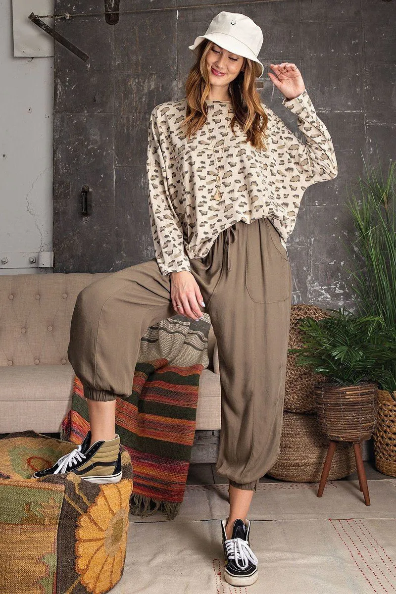 Leopard Printed Garment Dye Loose Fit Knit Top in Tan