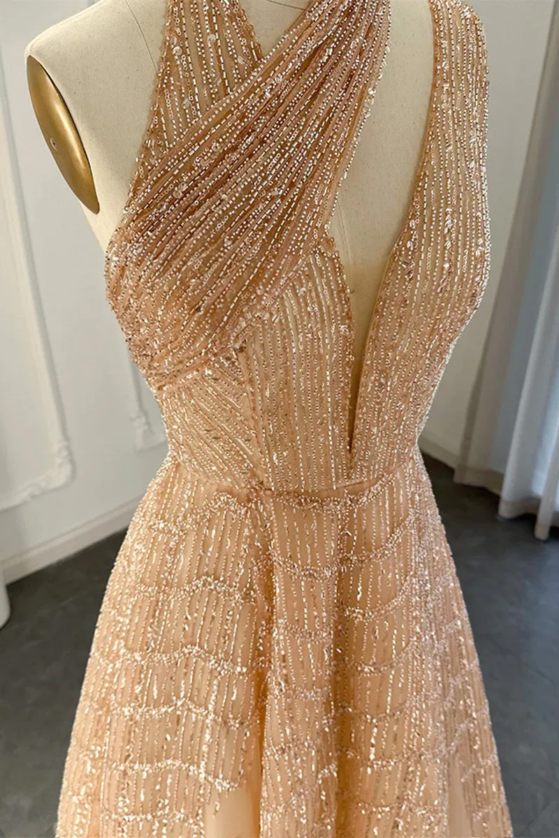 Lifelong Romance Beaded Trendy Sequin Halter Maxi Dress