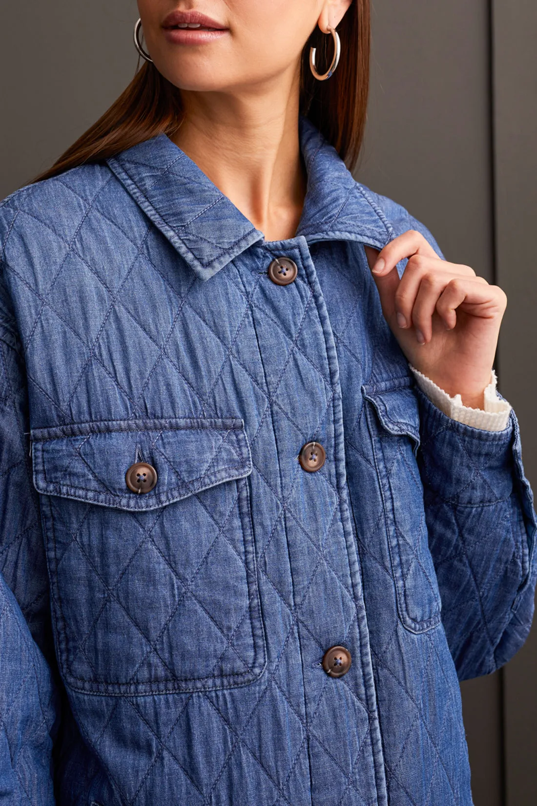 LONG BUTTON FRONT QUILTED JACKET-BLUECHAMBRAY