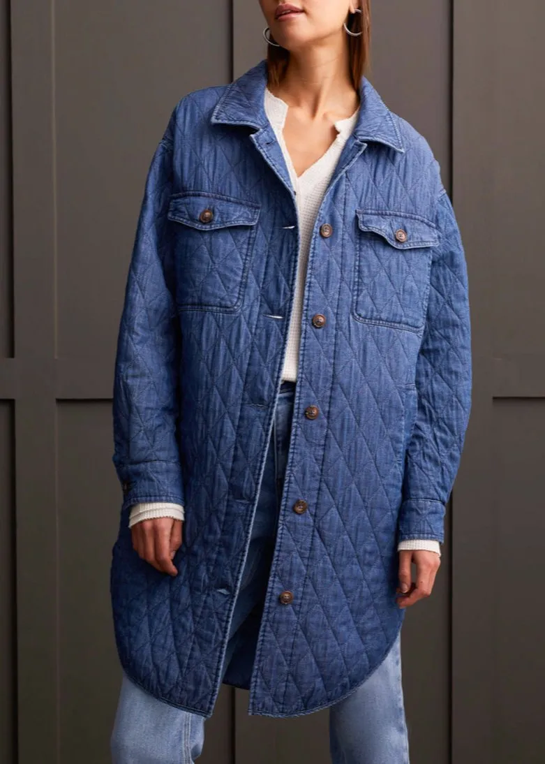 LONG BUTTON FRONT QUILTED JACKET-BLUECHAMBRAY