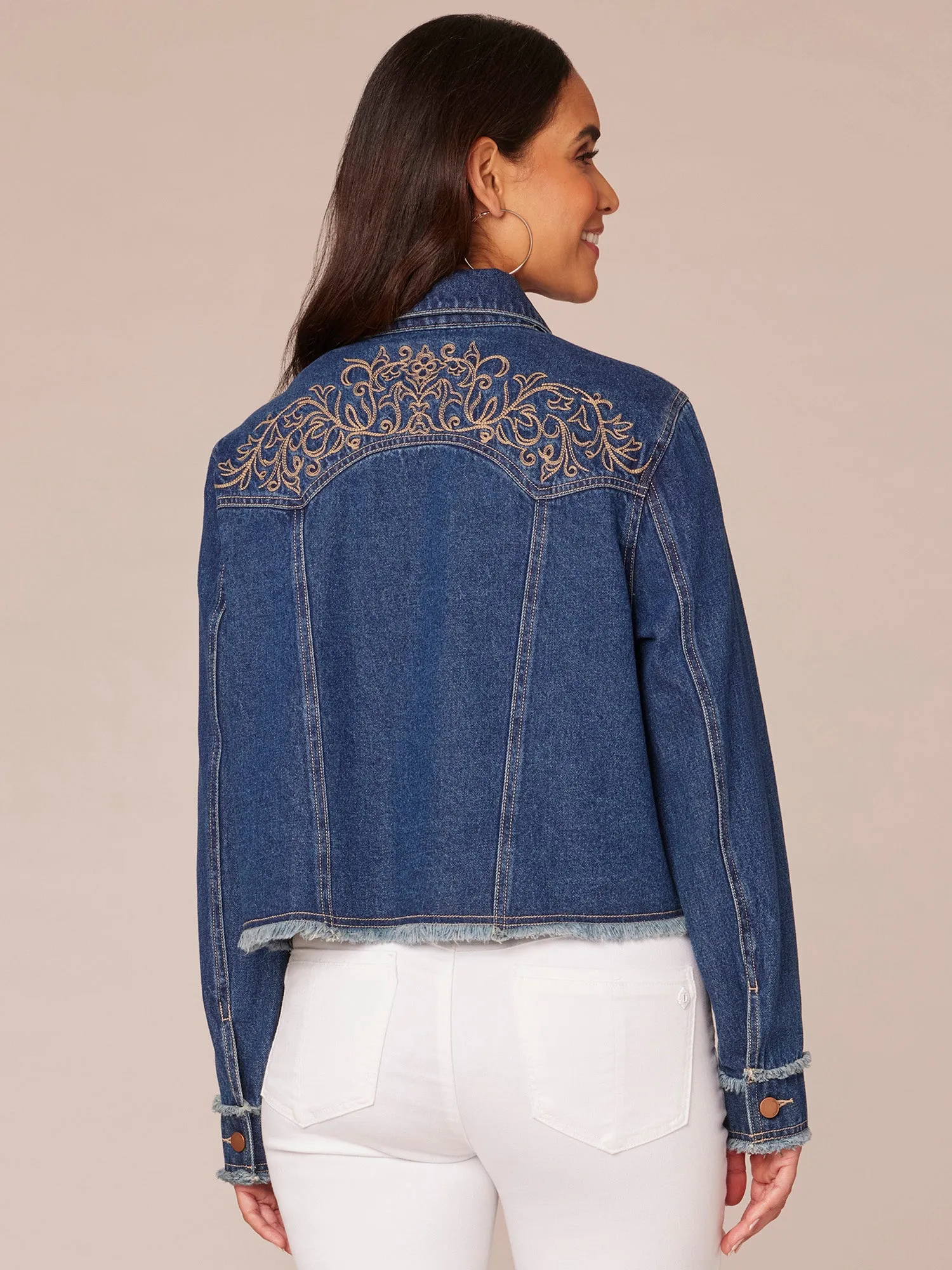 Long Sleeve Fray Cuff Button Front Denim Jacket with Embroidered Yoke