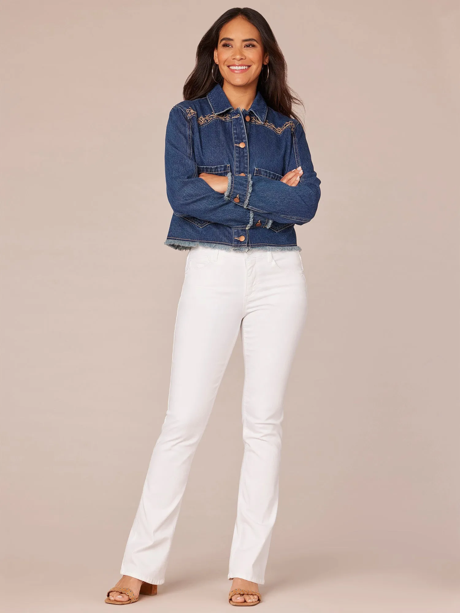 Long Sleeve Fray Cuff Button Front Denim Jacket with Embroidered Yoke