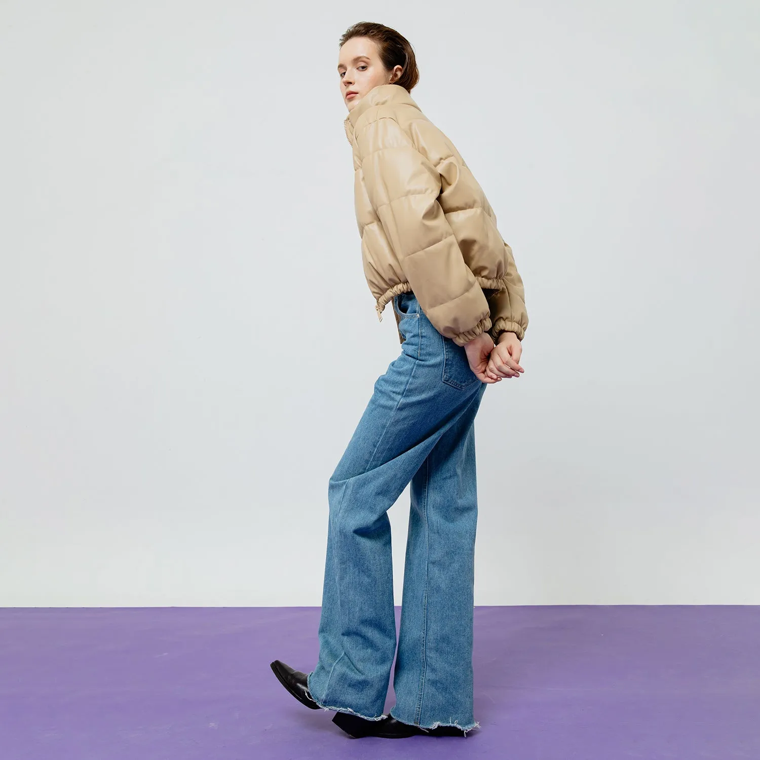 Lyra Quilted Faux Leather Jacket in Creme