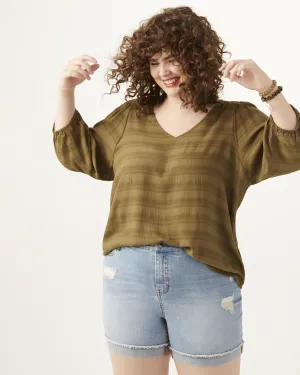 Margaret Three-Quarter-Sleeve V-Neck Top | Olive Green