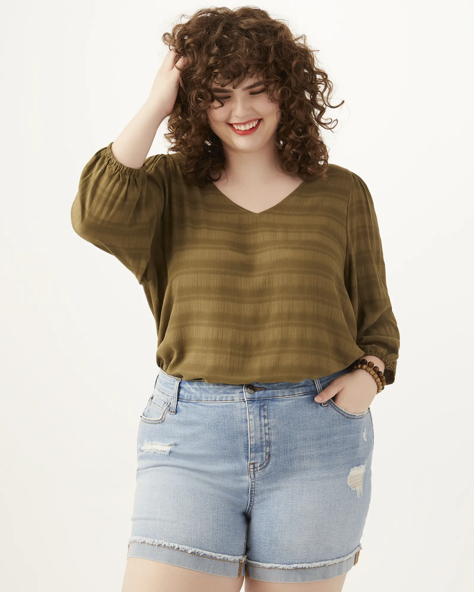 Margaret Three-Quarter-Sleeve V-Neck Top | Olive Green