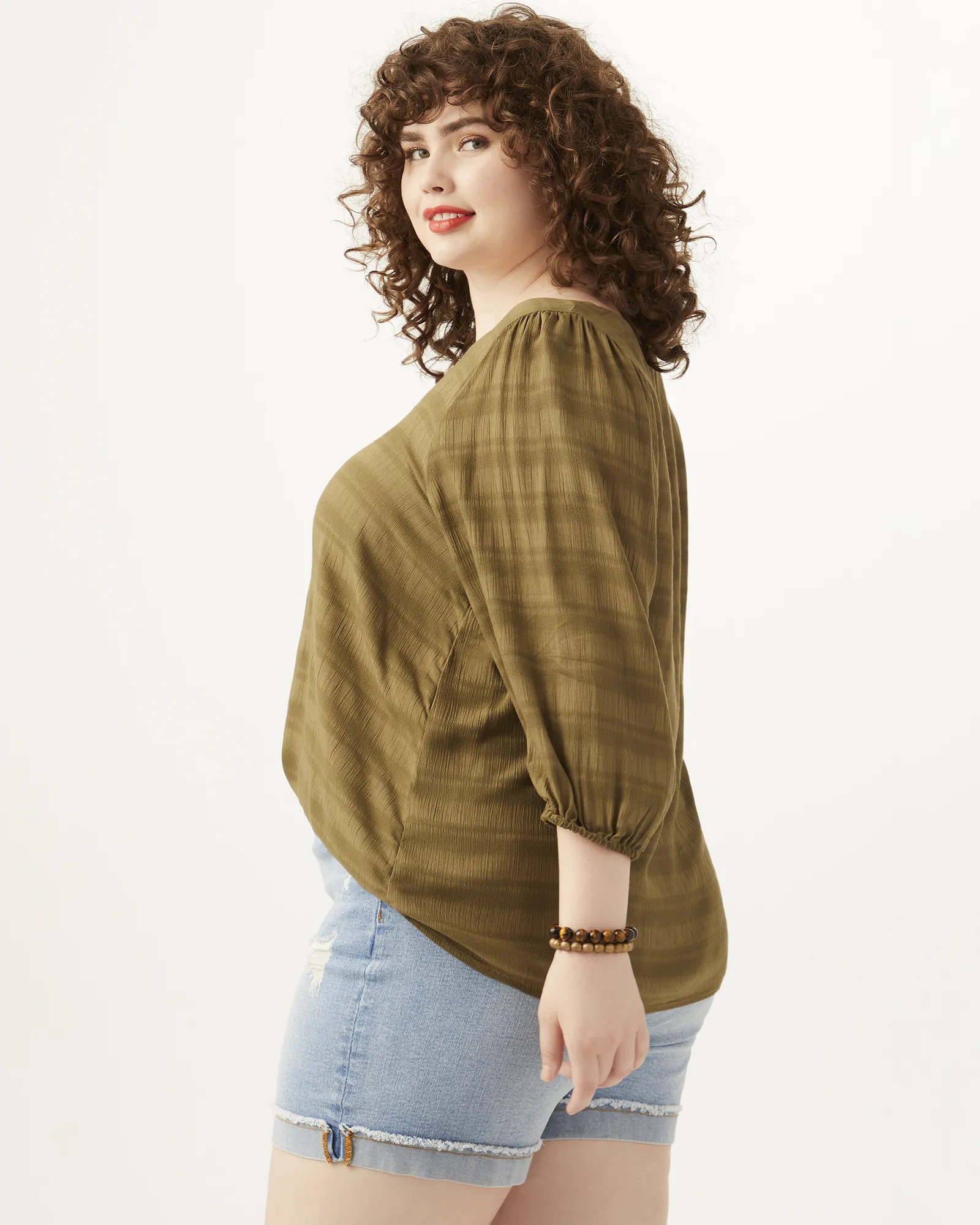 Margaret Three-Quarter-Sleeve V-Neck Top | Olive Green