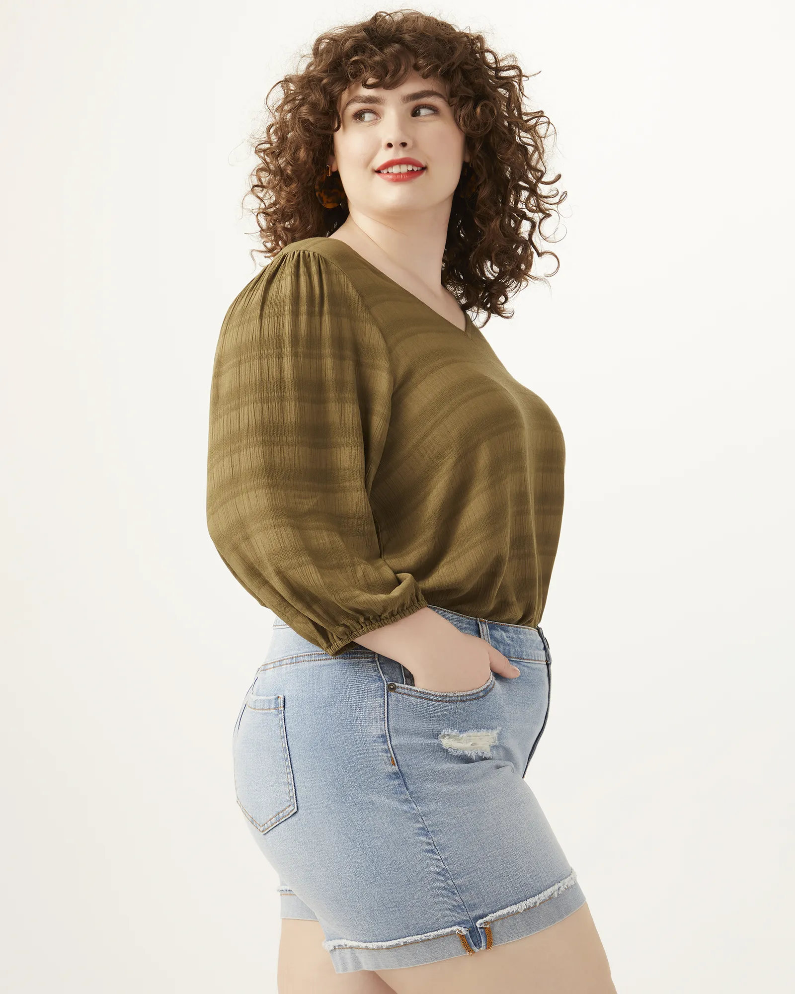 Margaret Three-Quarter-Sleeve V-Neck Top | Olive Green