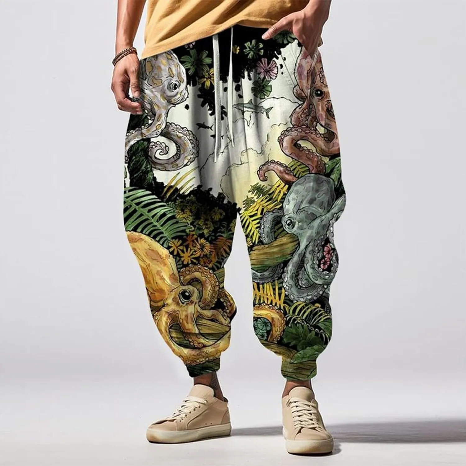 Men's Linen Harem Drawstring Pants Men's Autumn Fun Print Fashion Street Feel Casual Hiking Outdoor Twill Track