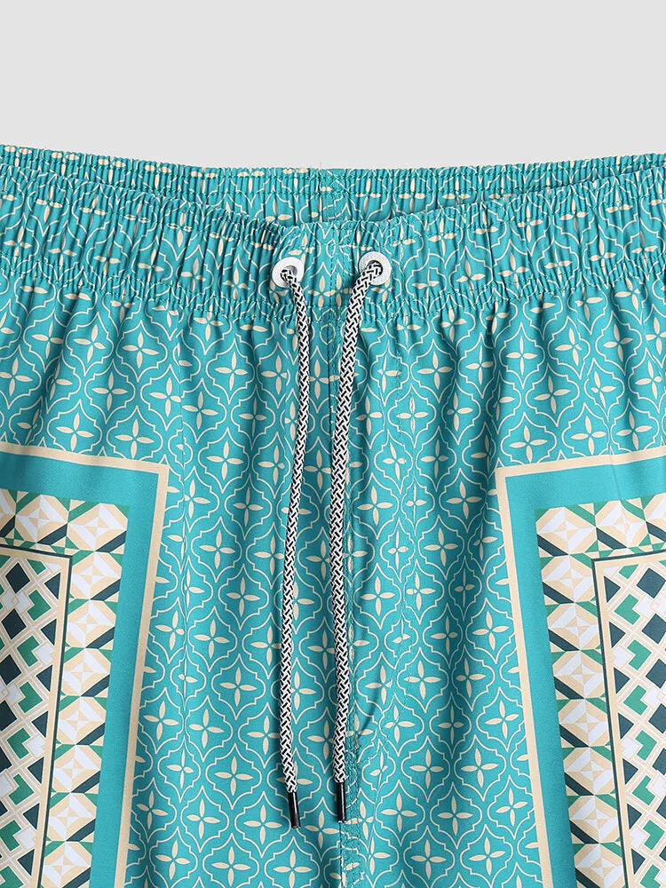 Men's Retro Style Lightweight Print Patchwork Drawstring Board Shorts