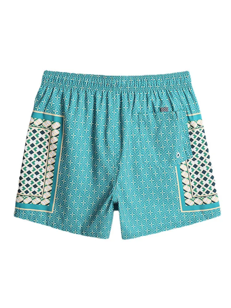 Men's Retro Style Lightweight Print Patchwork Drawstring Board Shorts