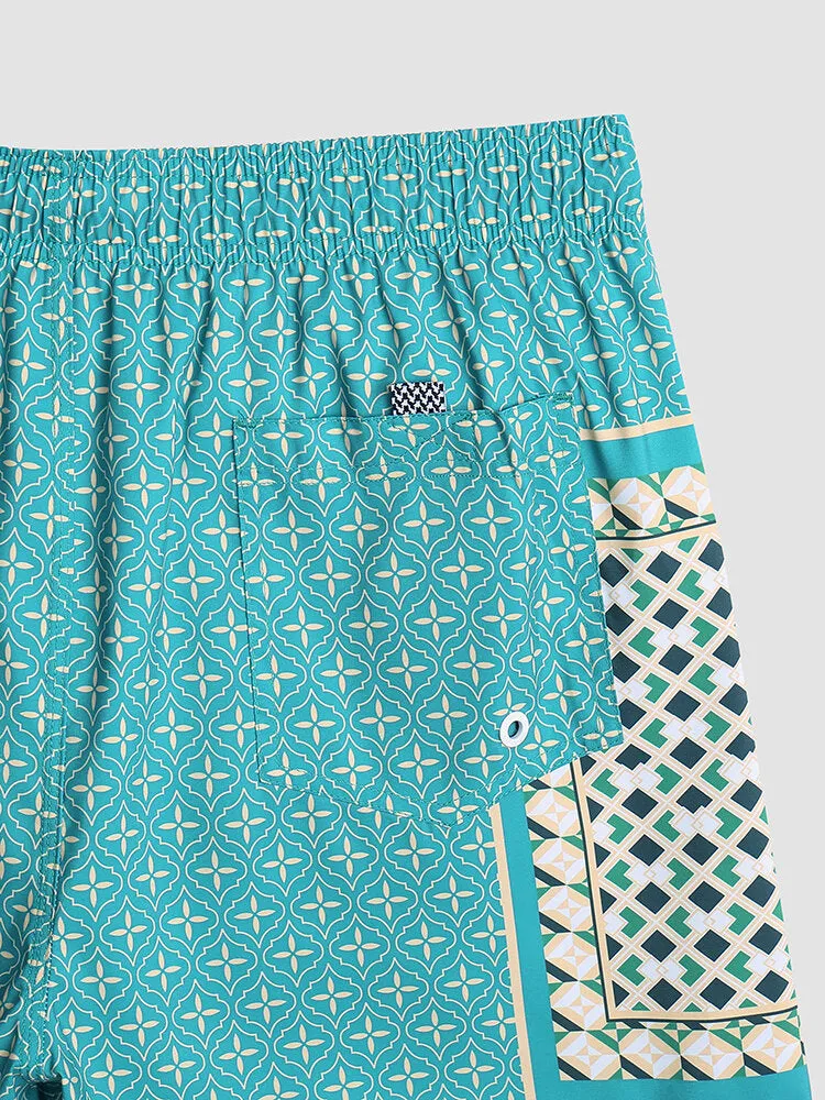 Men's Retro Style Lightweight Print Patchwork Drawstring Board Shorts