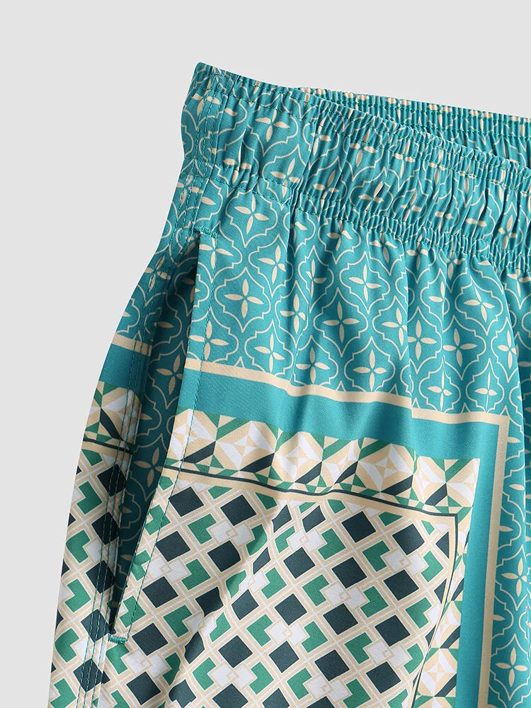 Men's Retro Style Lightweight Print Patchwork Drawstring Board Shorts