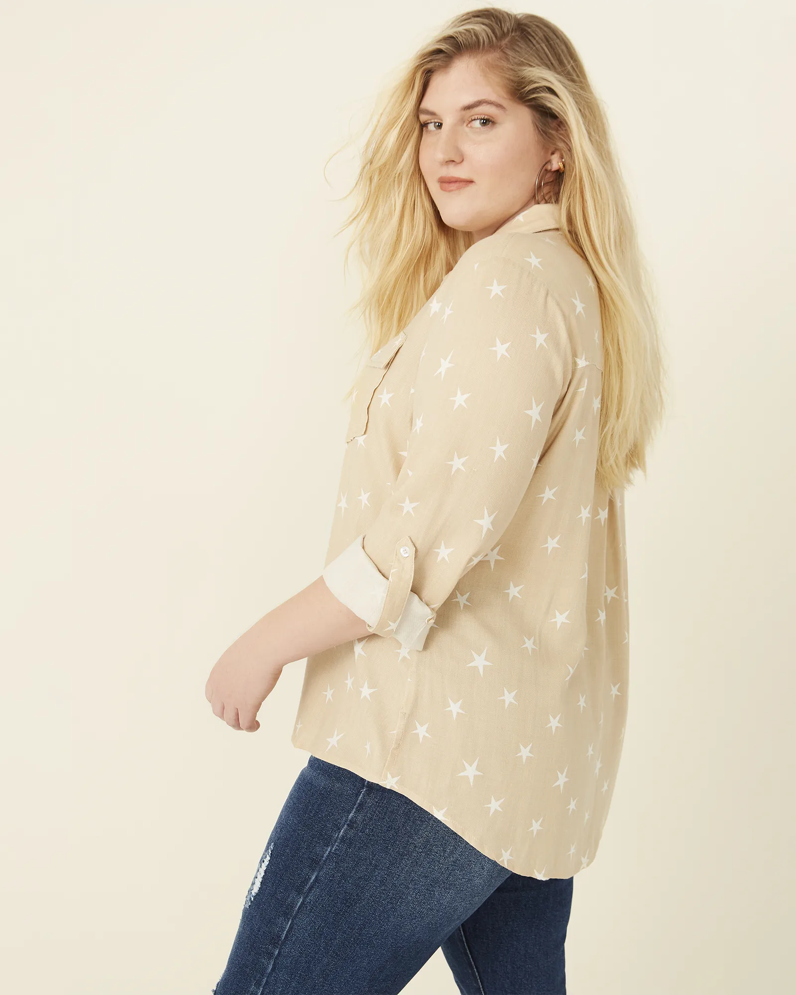 Myla Button-Down Chambray Shirt | Tan / White