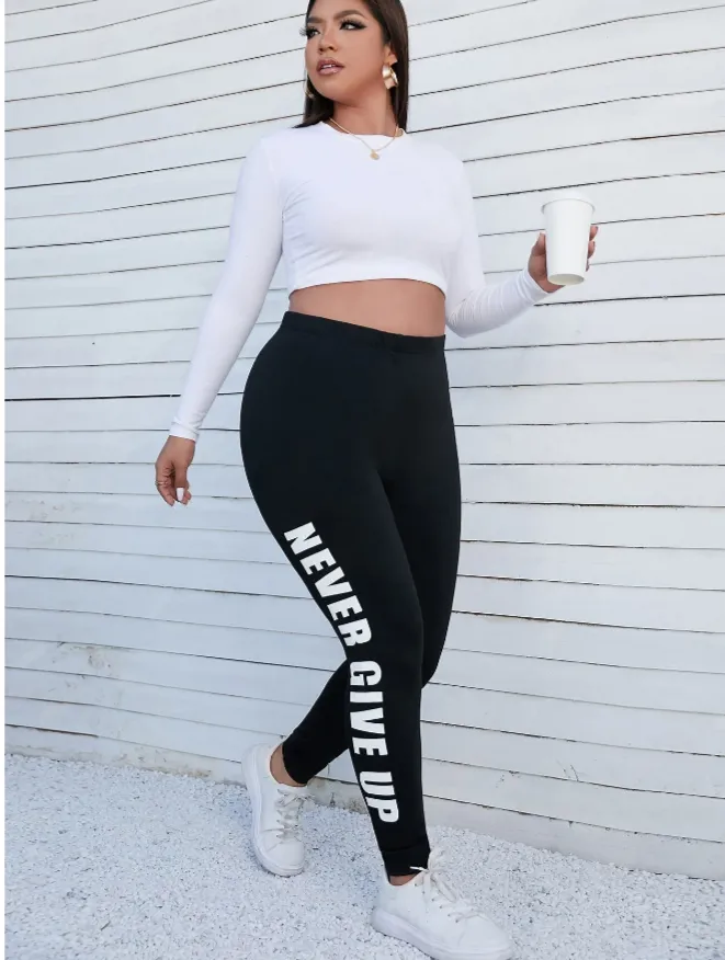 Plus Slogan Elastic Waist Leggings