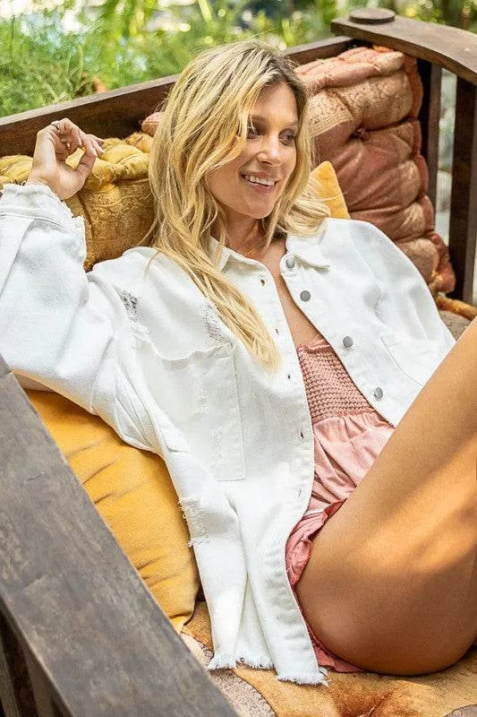 POL Casual Fringe Distressed Oversized Collar Jacket