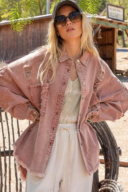 POL Casual Fringe Distressed Oversized Collar Jacket