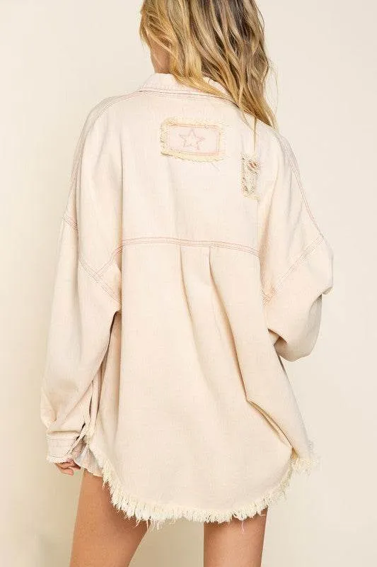 POL Casual Fringe Distressed Oversized Collar Jacket