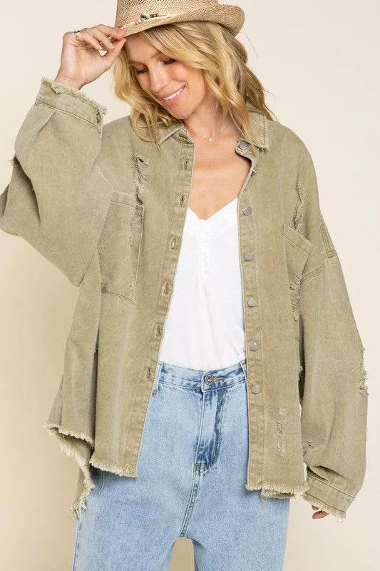 POL Casual Fringe Distressed Oversized Collar Jacket