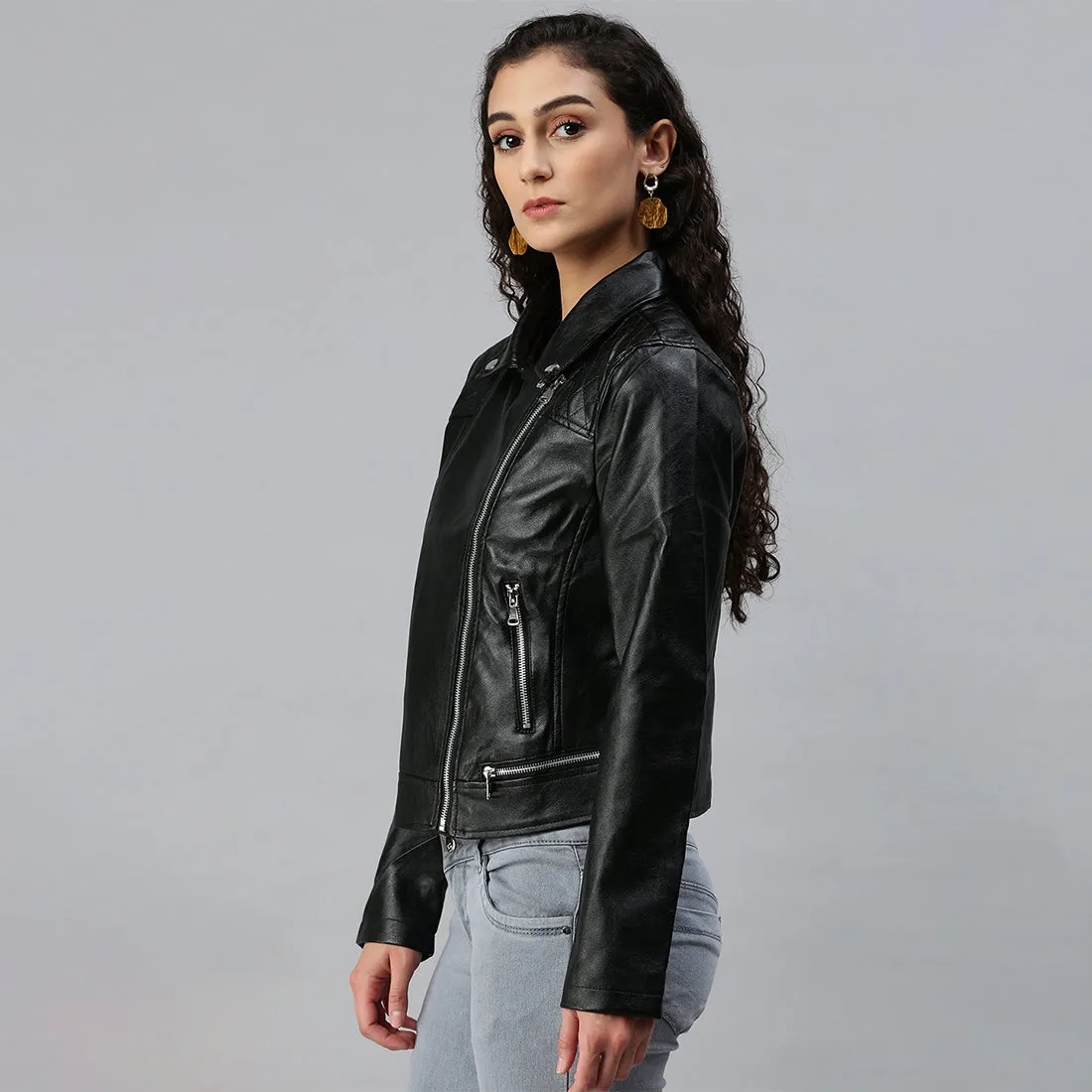 PU Collared Biker Jacket