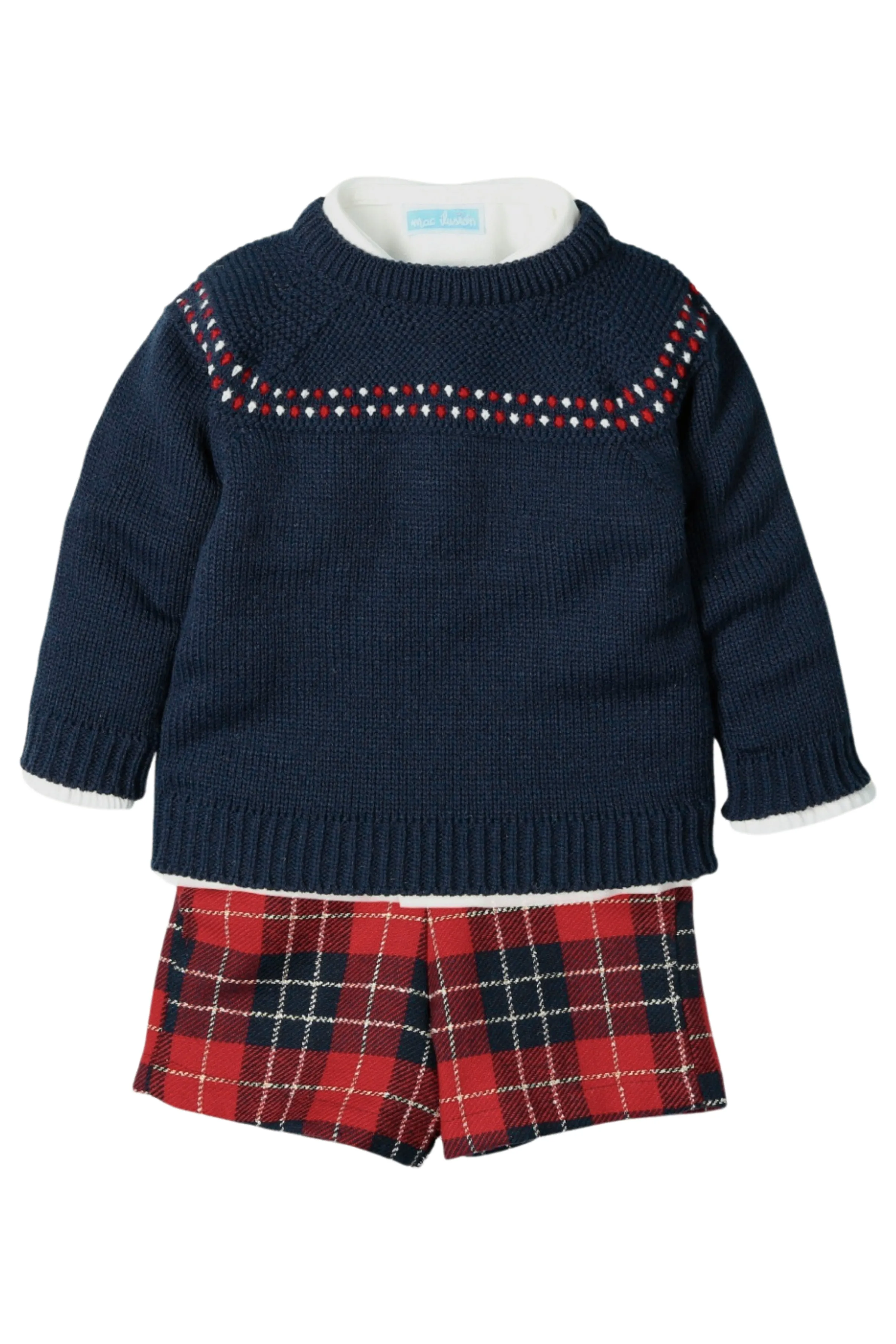 "Hayden" Navy Knit Jumper, Shirt & Tartan Shorts