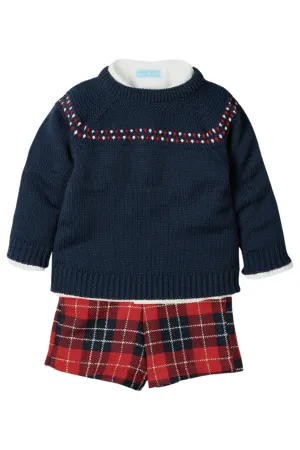 "Hayden" Navy Knit Jumper, Shirt & Tartan Shorts