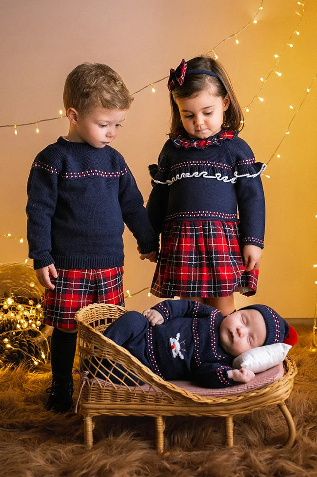 "Hayden" Navy Knit Jumper, Shirt & Tartan Shorts