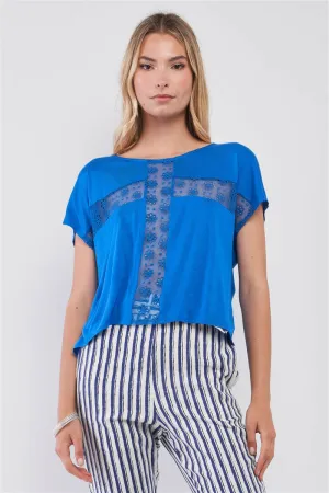 Royal Blue Boat Neck Short Sleeve See-trough Cross Cut-in Detail With Floral
