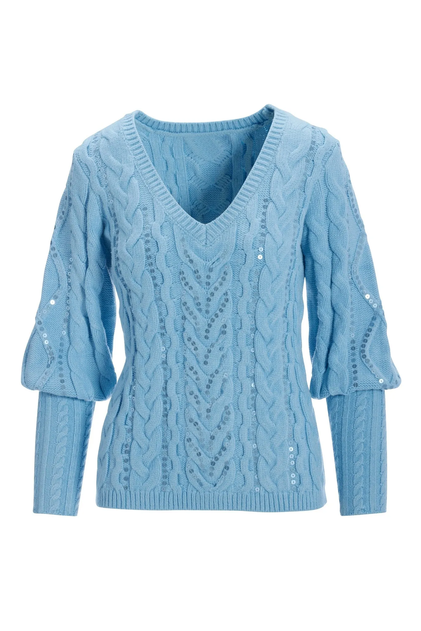 Sequin Cable V-Neck Sweater Airy Blue