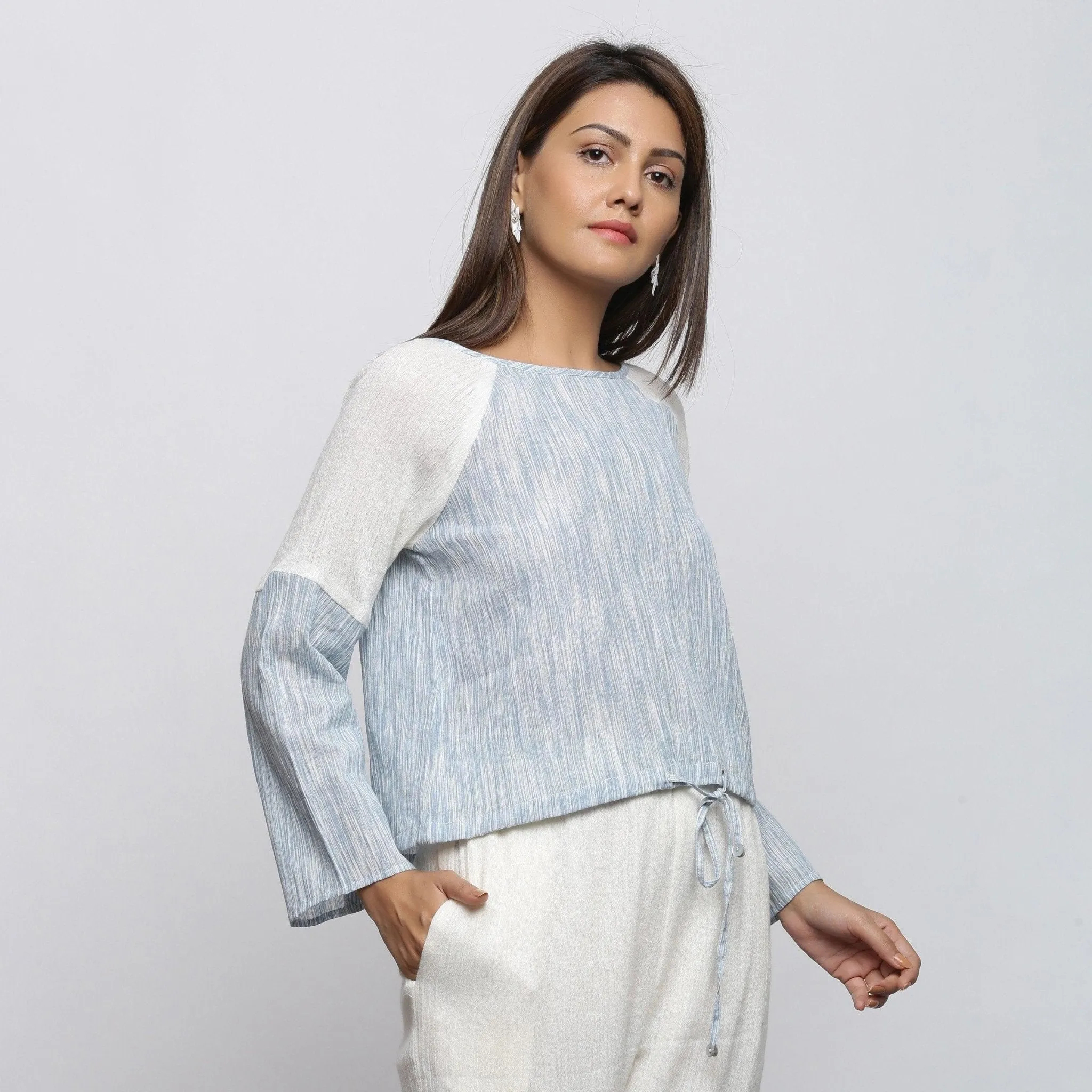 Sky Blue Yarn Dyed Cotton Raglan Sleeve Top