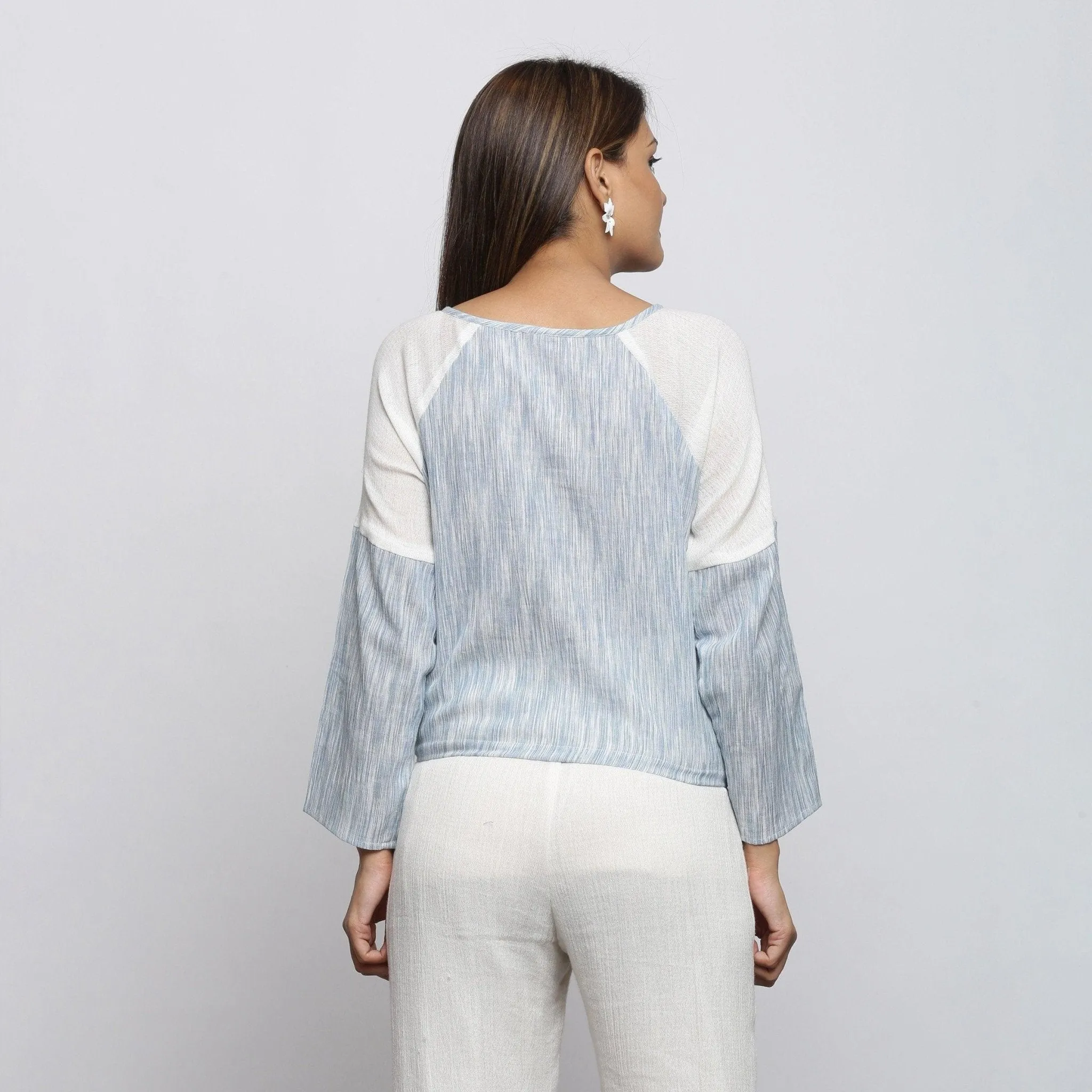 Sky Blue Yarn Dyed Cotton Raglan Sleeve Top