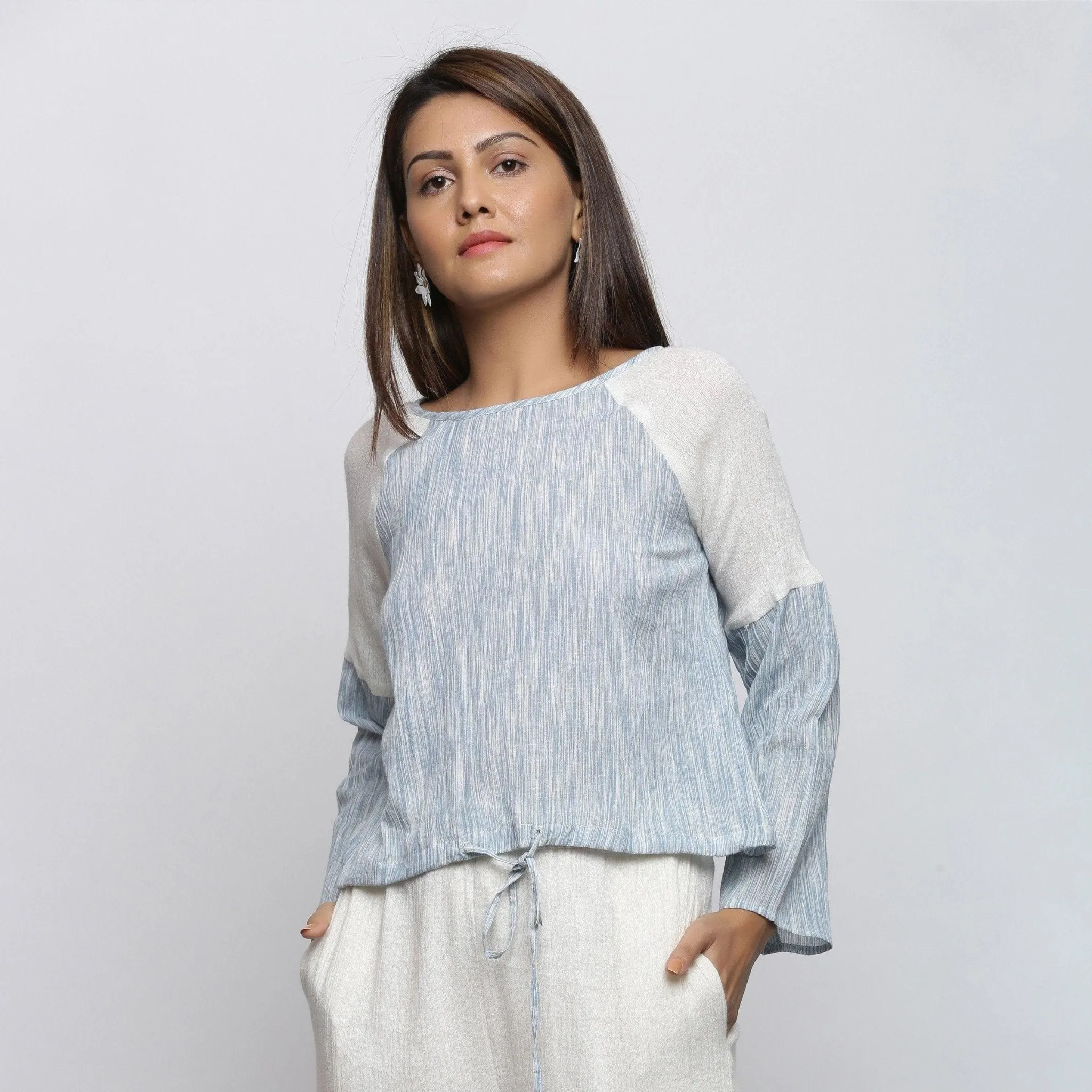 Sky Blue Yarn Dyed Cotton Raglan Sleeve Top