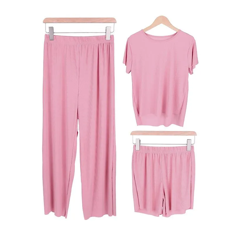 Summer Three-Piece Korean Trendy Casual Loose Silk Loungewear Modal Sets Sleepwear