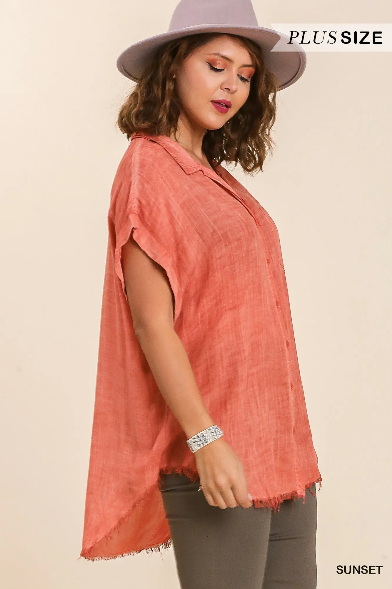 Sunset Fringe Hem Button Up Top