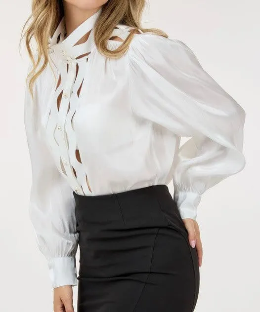 The Logan Blouse: Lace Trimmed Cut Out Blouse