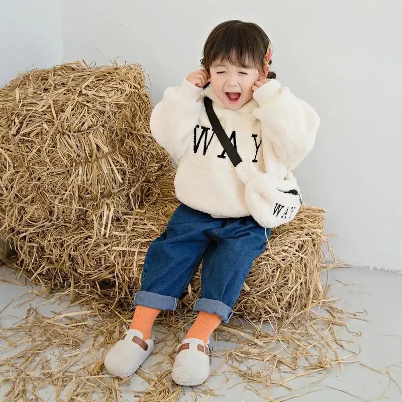Toddler Kids Baby Girls Boys Cute Hoodies Sweater Winter Warm Top Long Sleeve Fur Pullover Thick Warm Clothes With Bag 2-9 Years