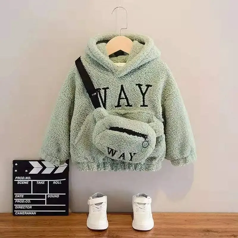Toddler Kids Baby Girls Boys Cute Hoodies Sweater Winter Warm Top Long Sleeve Fur Pullover Thick Warm Clothes With Bag 2-9 Years