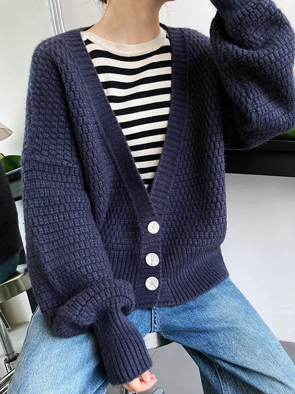Trendy Loose Solid Color V-Neck Cardigan Tops