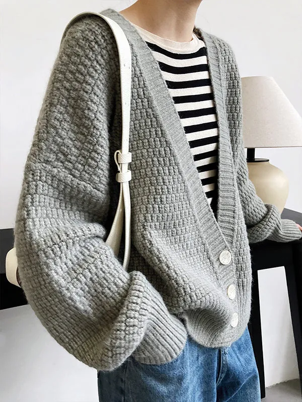 Trendy Loose Solid Color V-Neck Cardigan Tops