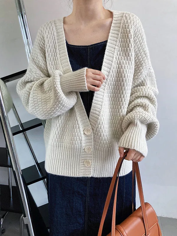 Trendy Loose Solid Color V-Neck Cardigan Tops
