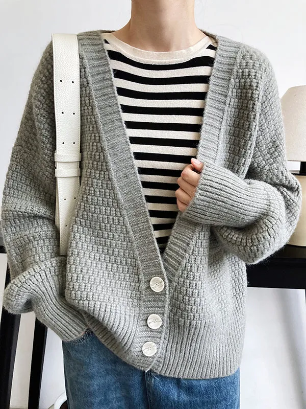 Trendy Loose Solid Color V-Neck Cardigan Tops