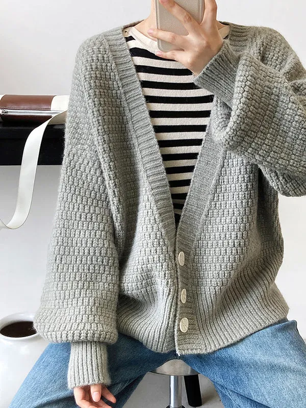Trendy Loose Solid Color V-Neck Cardigan Tops