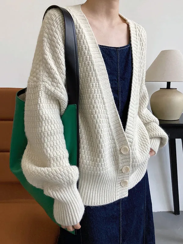 Trendy Loose Solid Color V-Neck Cardigan Tops