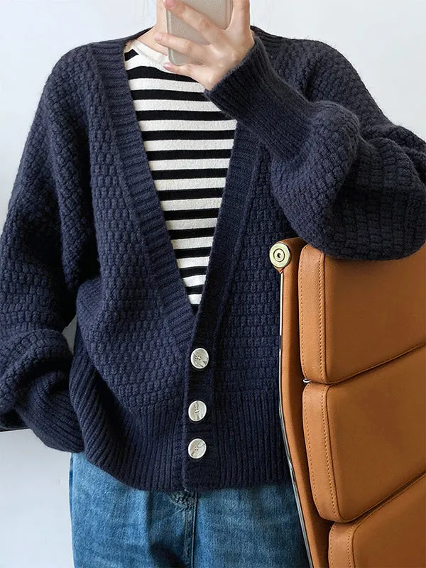Trendy Loose Solid Color V-Neck Cardigan Tops