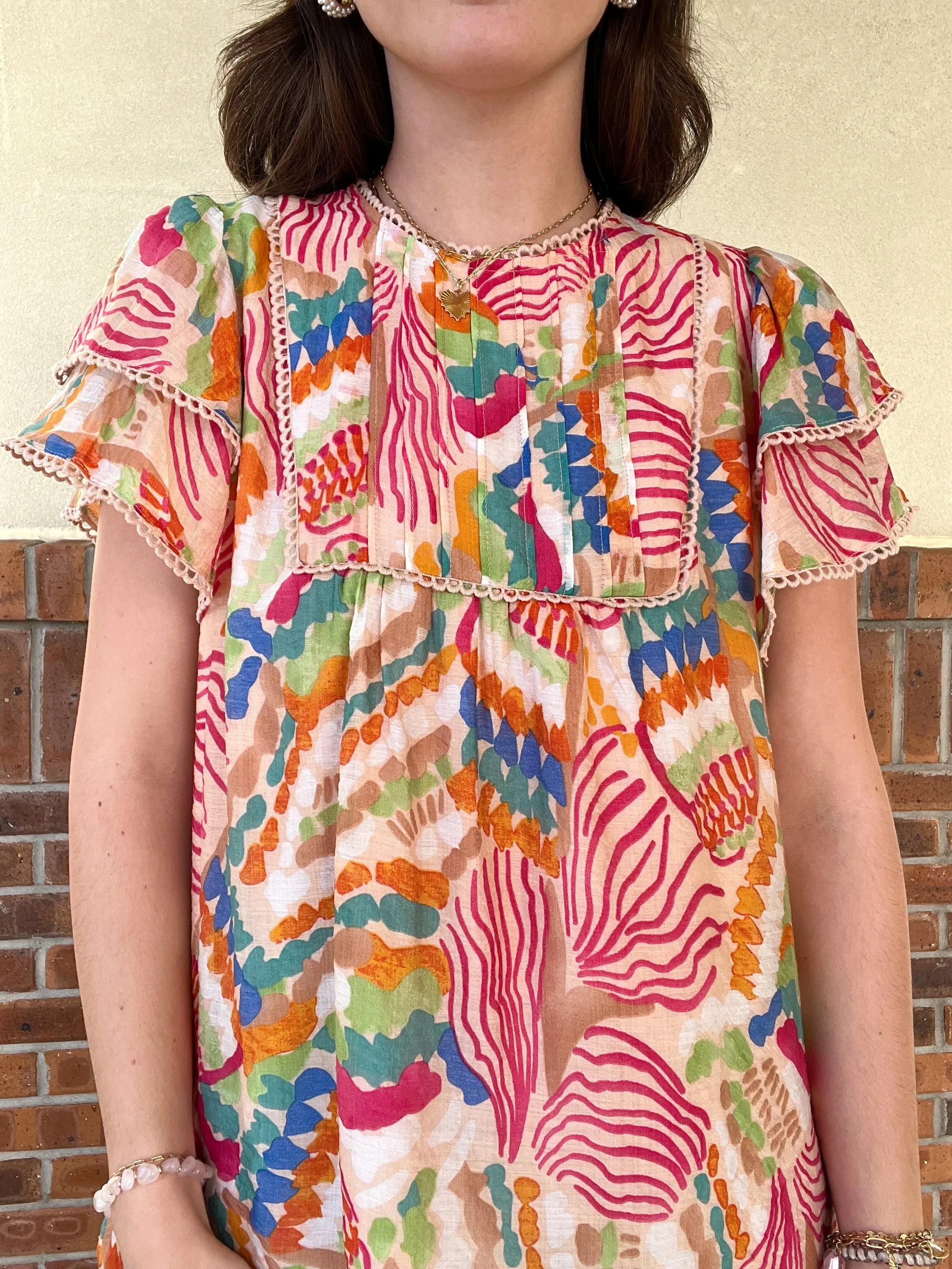 Umgee Abstract Double Ruffle Top