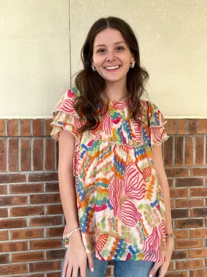 Umgee Abstract Double Ruffle Top
