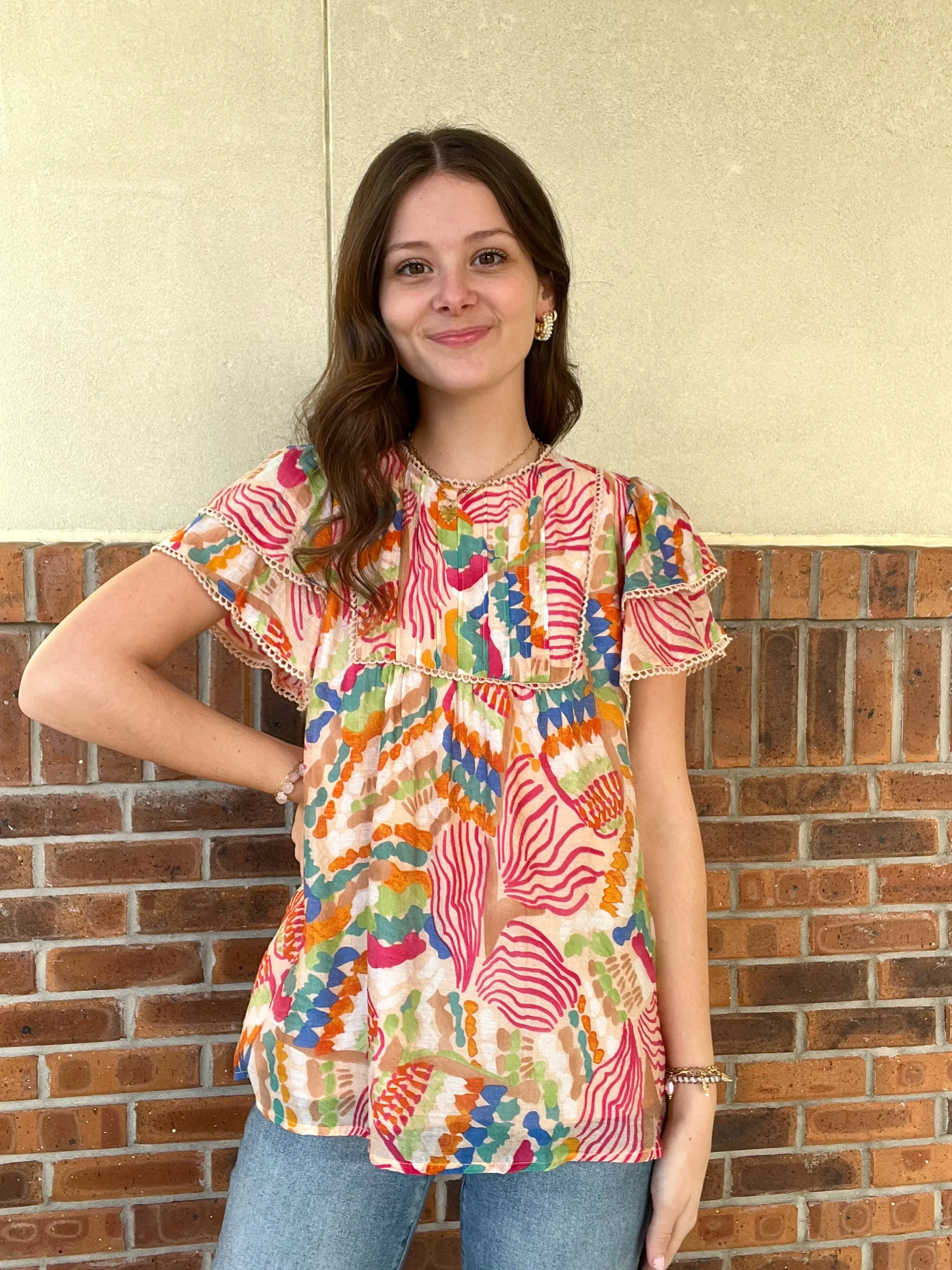 Umgee Abstract Double Ruffle Top