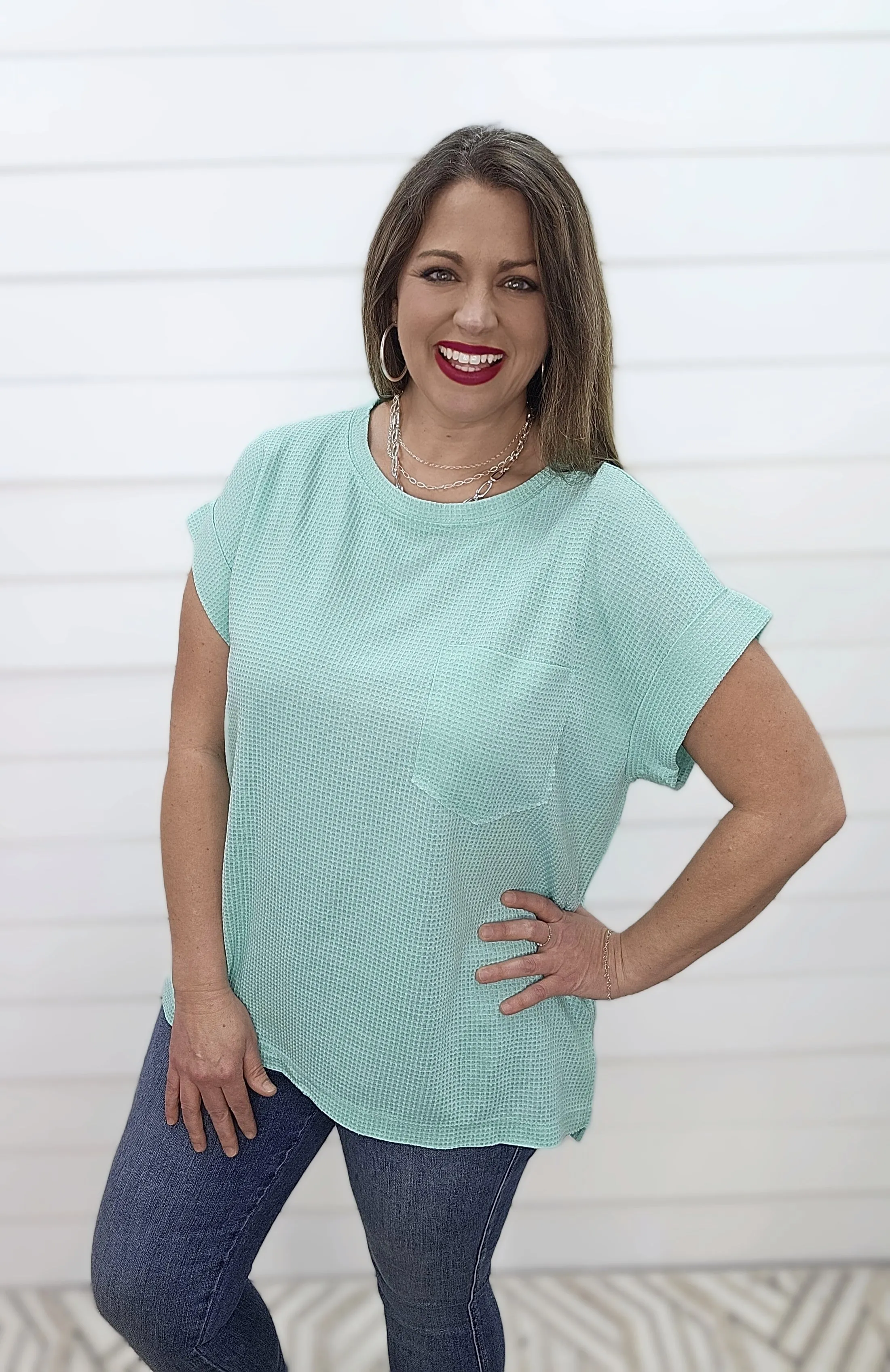 WAFFLE TEXTURE CREW NECK POCKET TOP - MINT