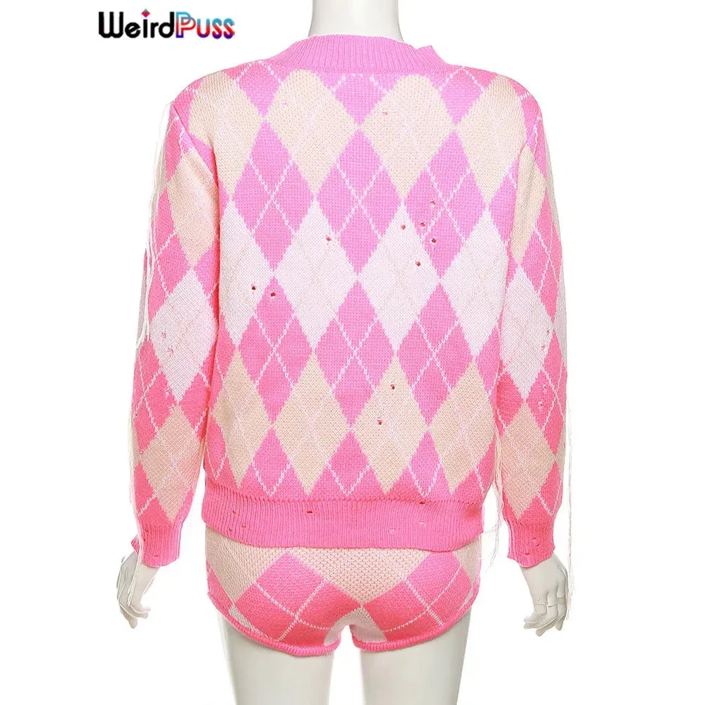 Weird Puss Sweater Women 2 Piece Set Hipster Chic Plaid Outfit