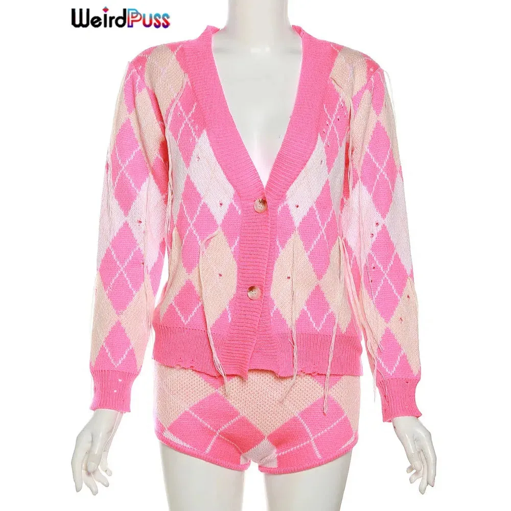 Weird Puss Sweater Women 2 Piece Set Hipster Chic Plaid Outfit