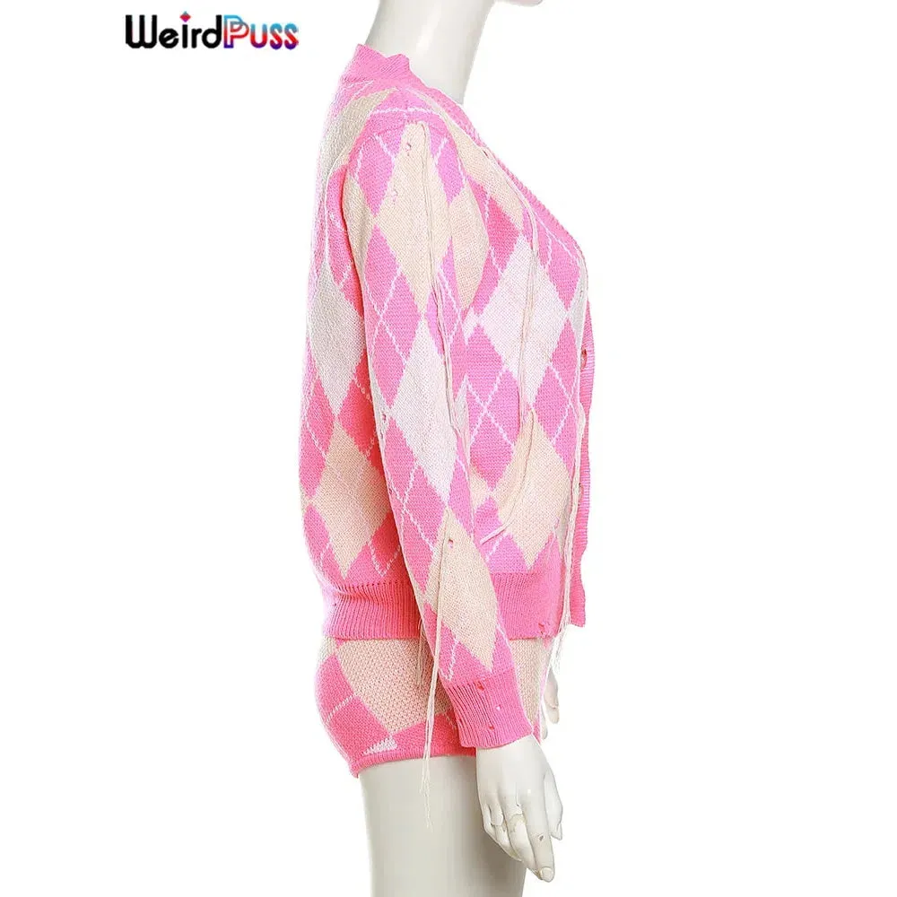 Weird Puss Sweater Women 2 Piece Set Hipster Chic Plaid Outfit